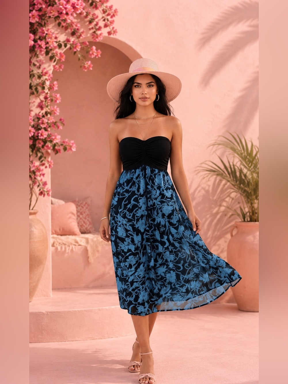 🛍️ Women’s Blue Black Floral Tropical Sheer Strapless open front Dress LARGE